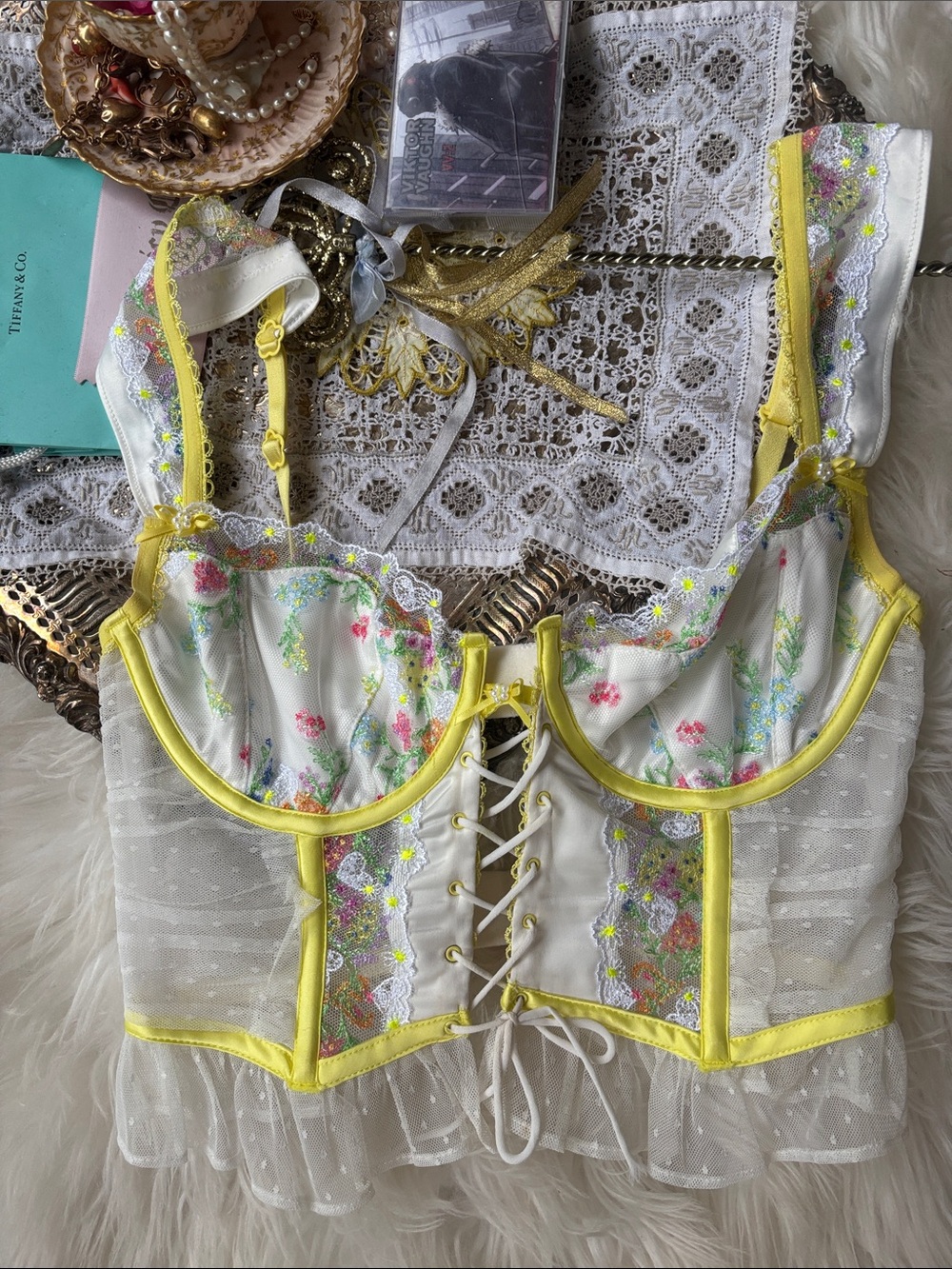 For Love and Lemons Summer Loving Floral Lace-Up Bustier Top Corset Embroidered